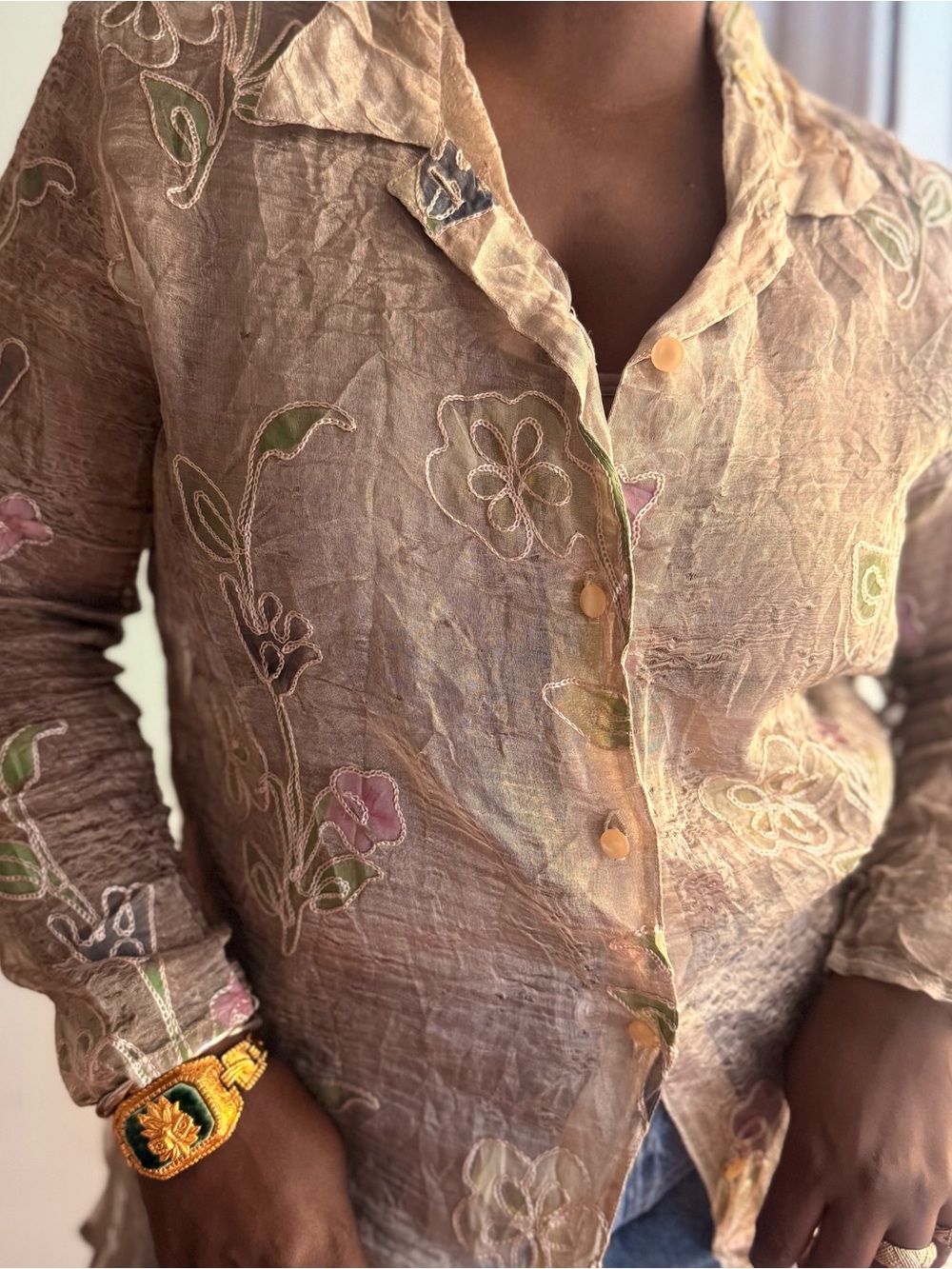 Vintage Burnout Silk Floral Blouse Sheer Embroidered Boho Romantic Top